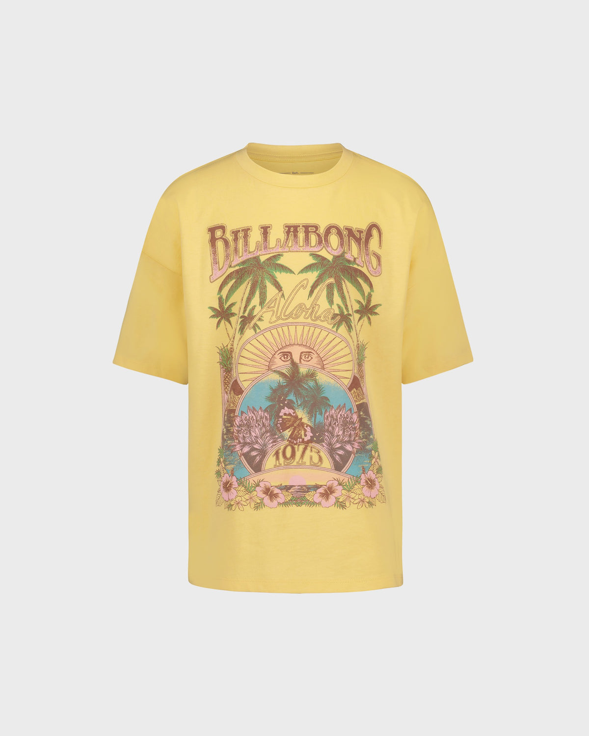 Yellow t-shirt with a colorful graphic design on a light gray background