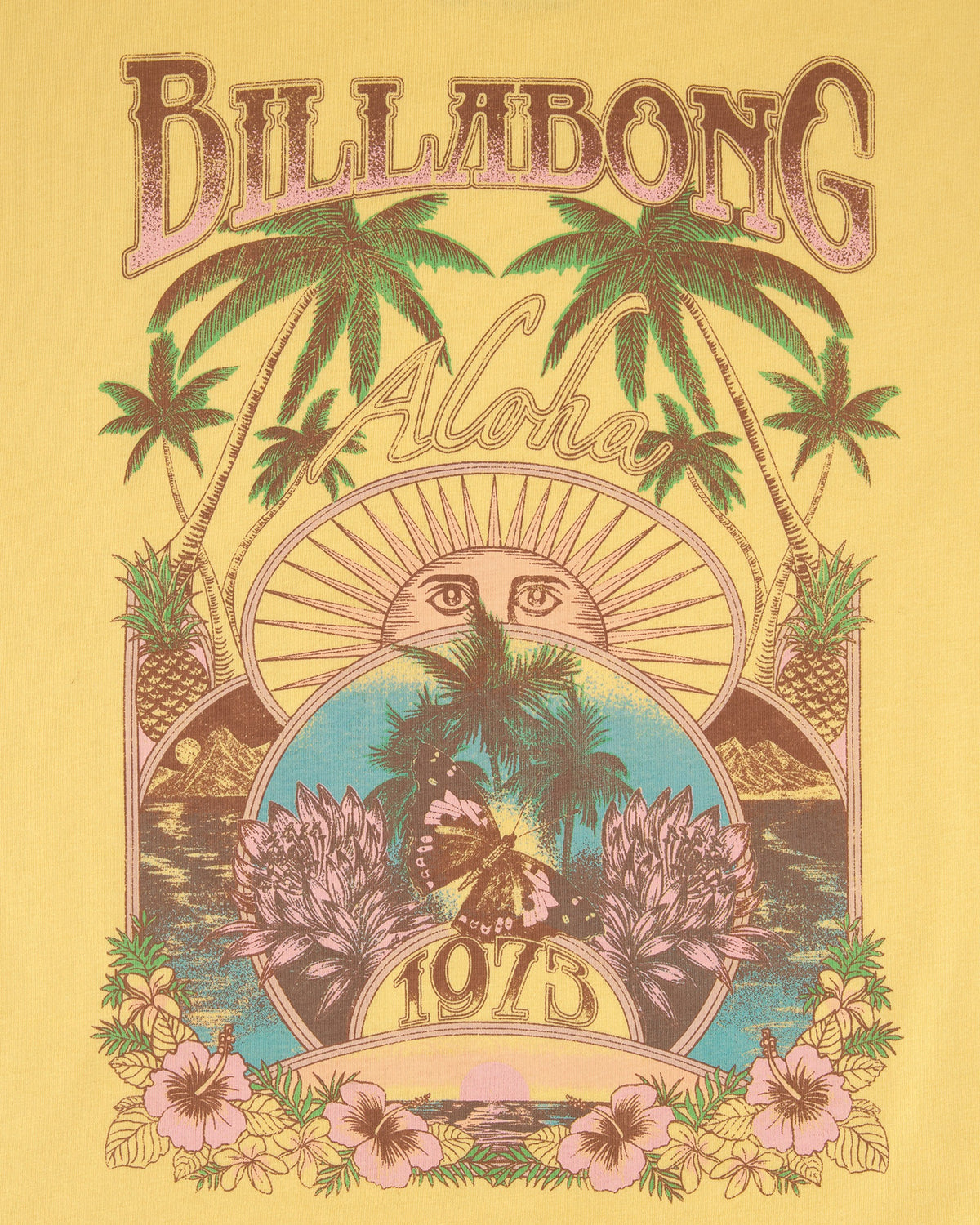 Billabong Aloha design with palm trees, sun, and flowers on a yellow background