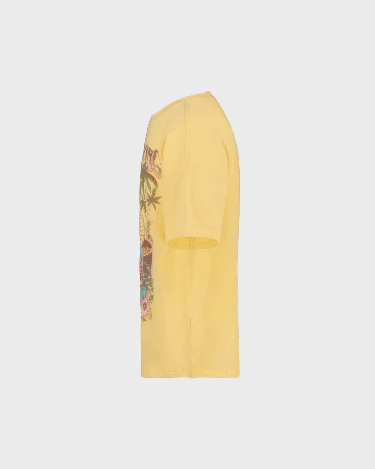 Yellow sweatshirt with a colorful graphic on the sleeve against a light gray background