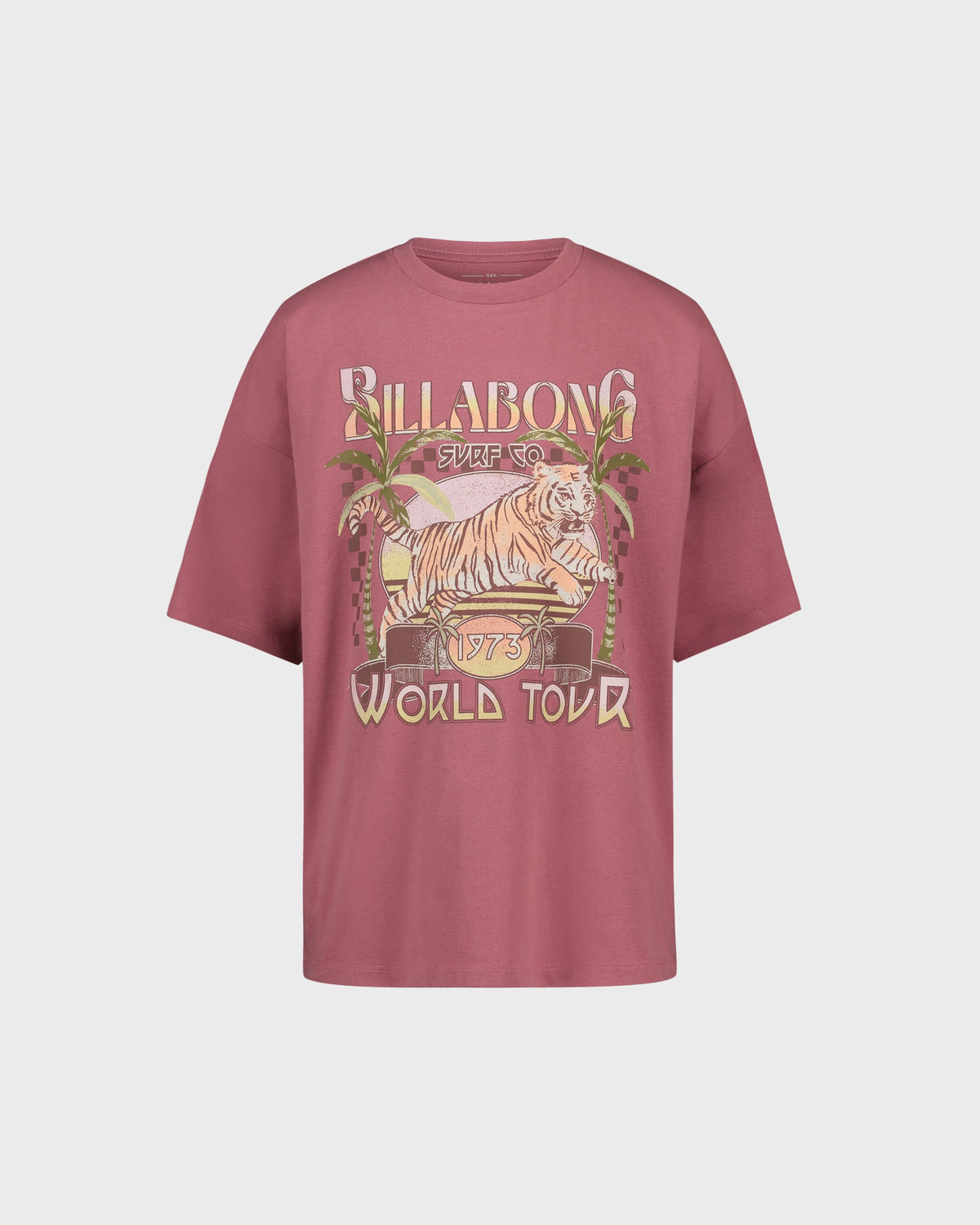 Red t-shirt with Billabong tiger graphic on a light gray background