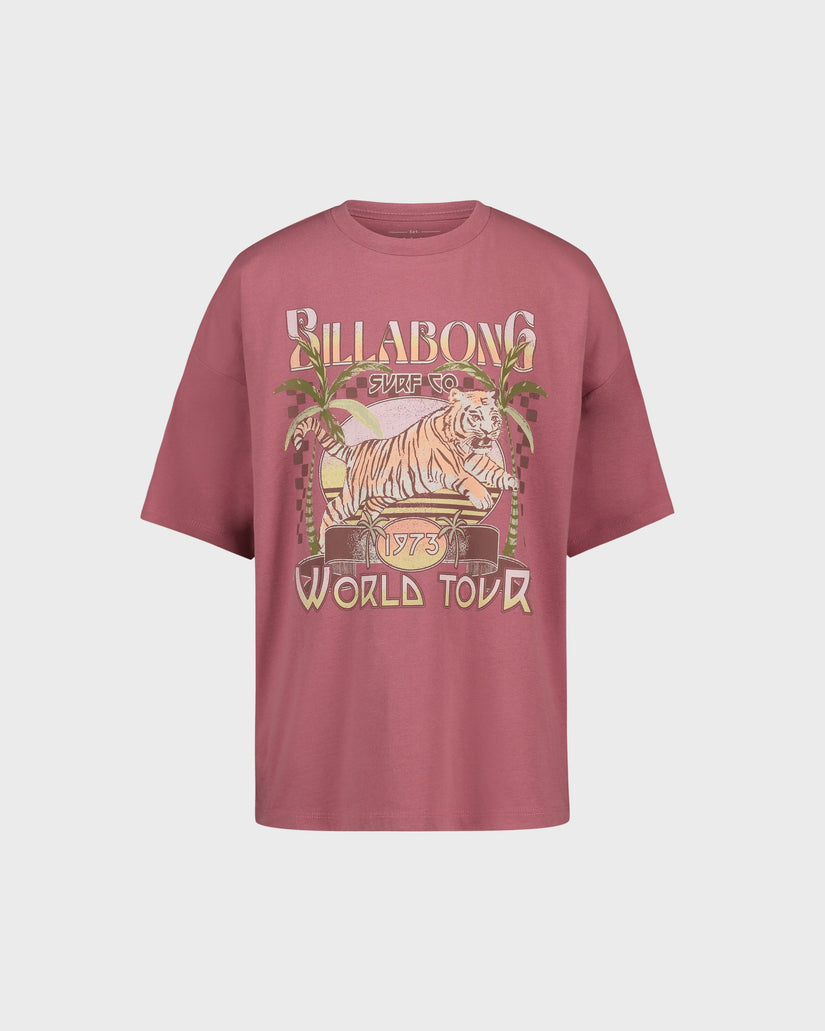 Red t-shirt with Billabong tiger graphic on a light gray background