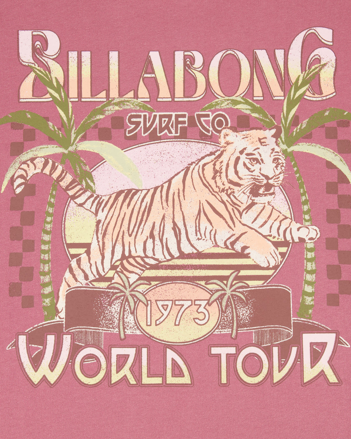 Billabong surf co tiger world tour design on a pink background