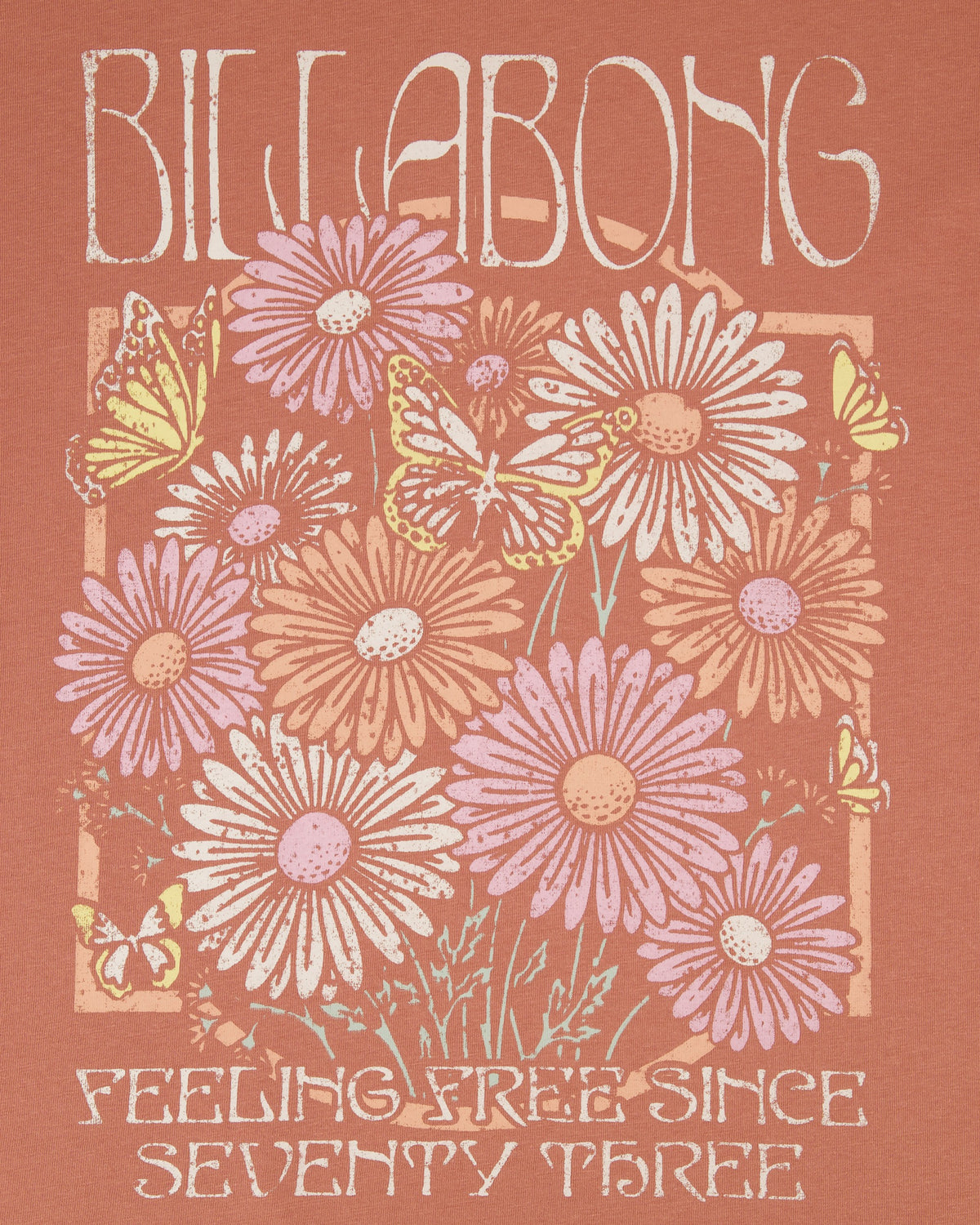 Billabong logo with floral design and text on a brown background