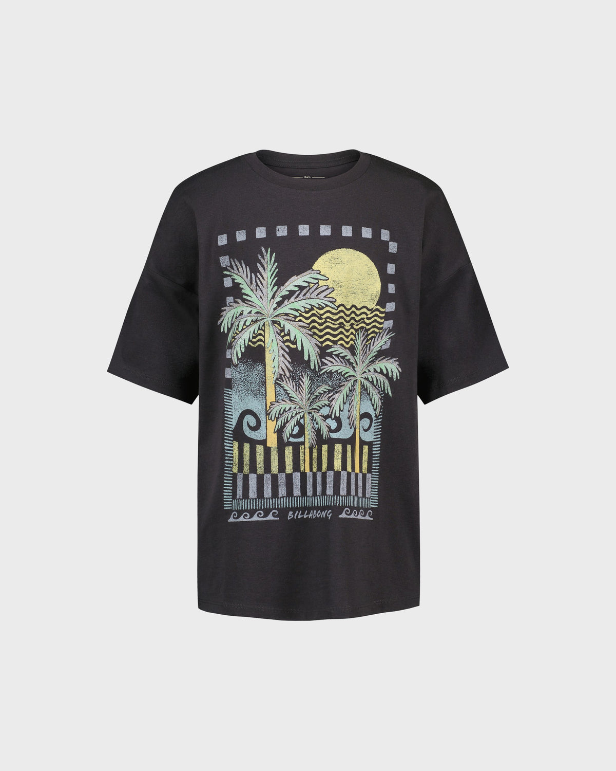 Black t-shirt with tropical graphic design on a light gray background