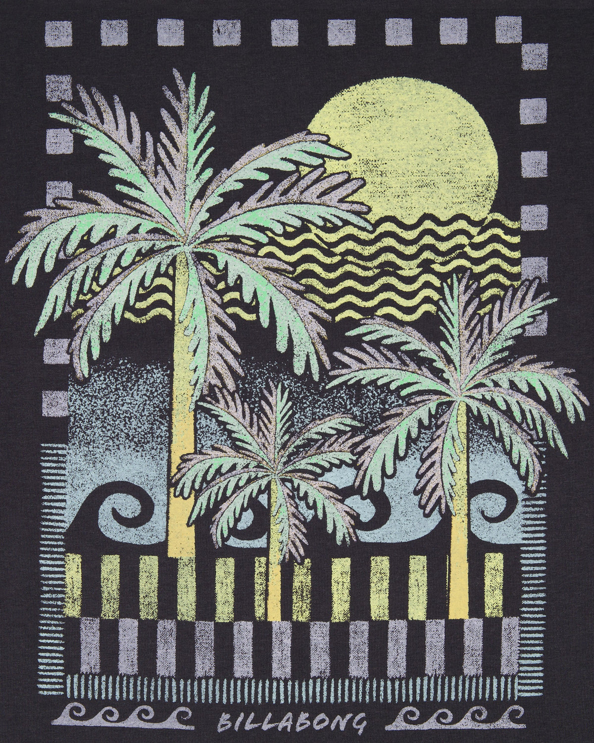 Tropical design with palm trees and sun on a black background, featuring the Billabong logo.