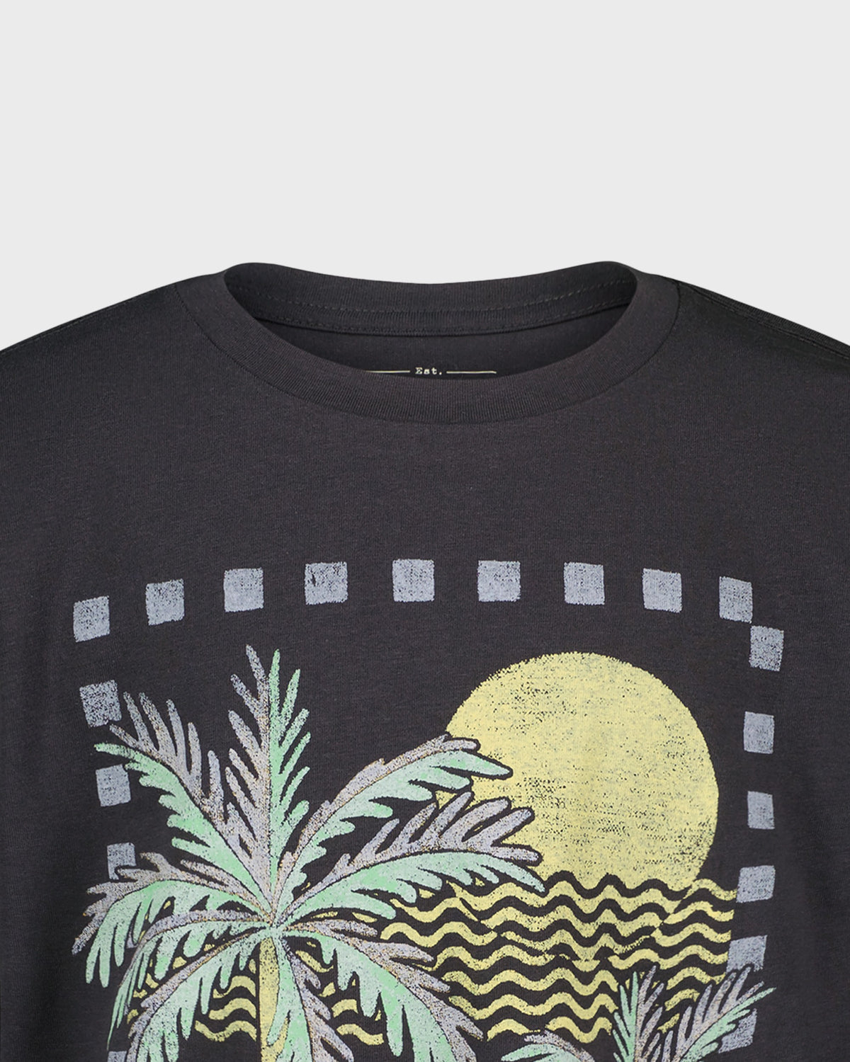 Black t-shirt with palm tree and sunset design on a gray background