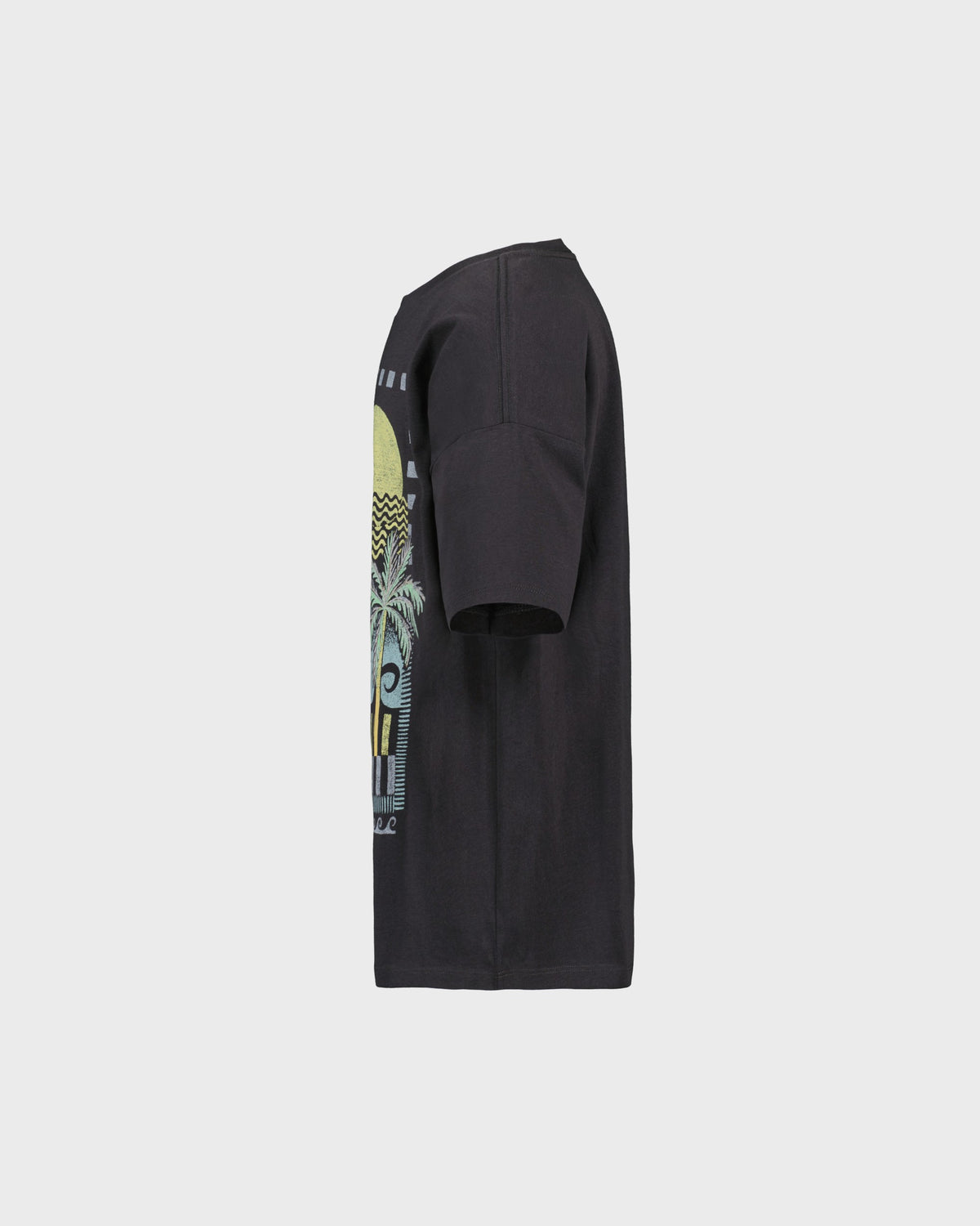Black dress with graphic design on a light gray background