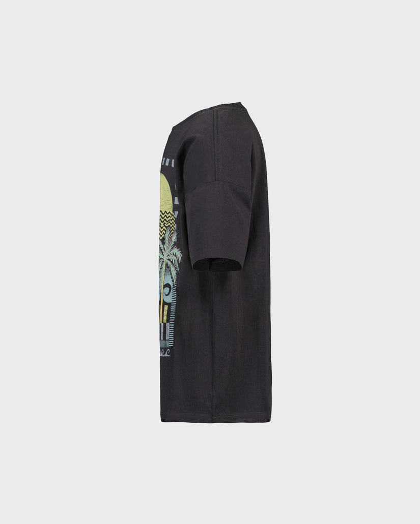 Black dress with graphic design on a light gray background