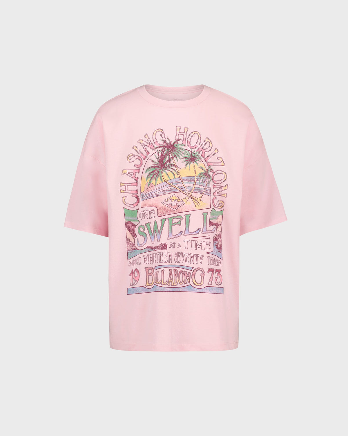Pink t-shirt with colorful graphic design on a light gray background