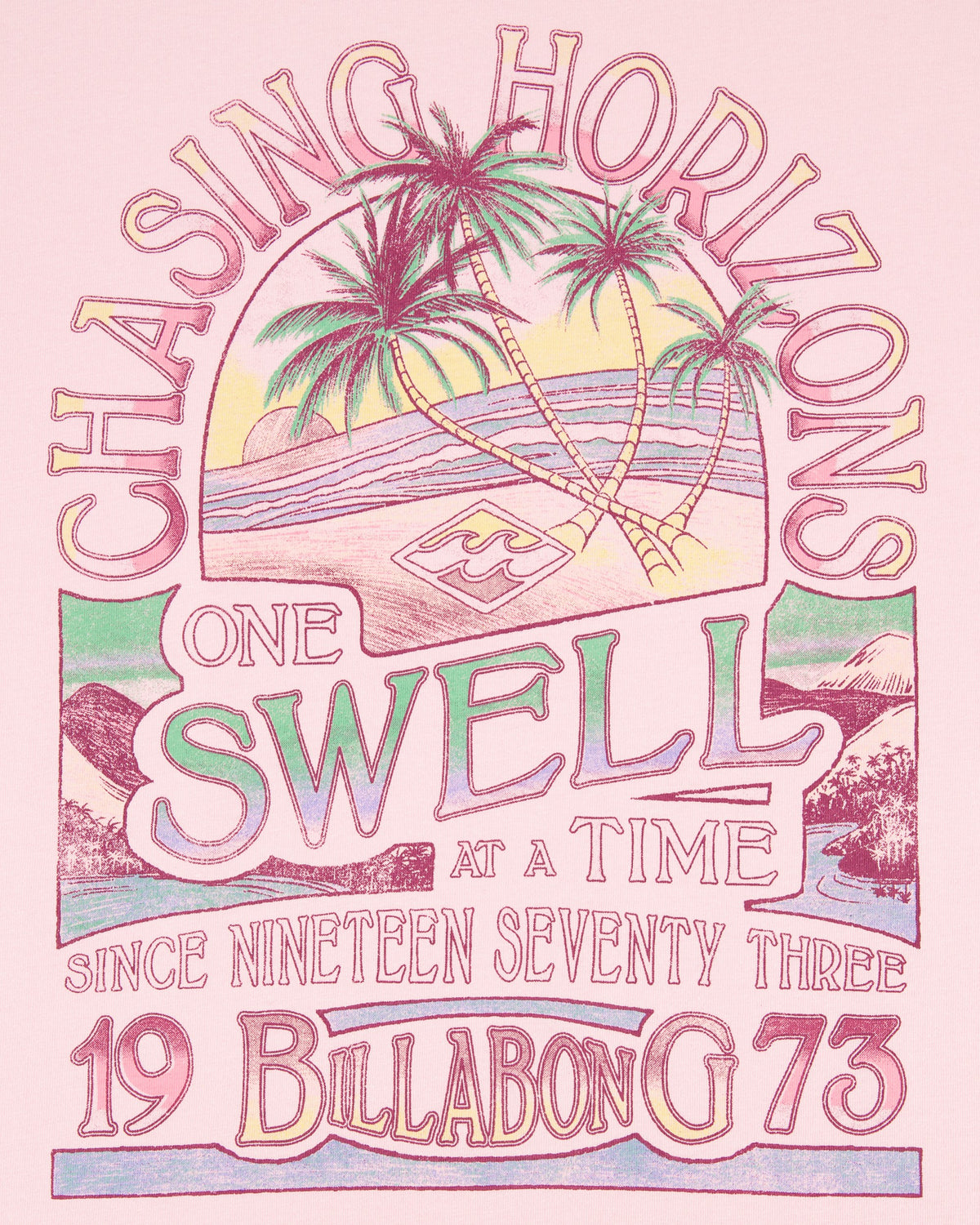 Vintage-style graphic with palm trees and text 'Chasing Horizons One Swell at a Time' on a pink background.