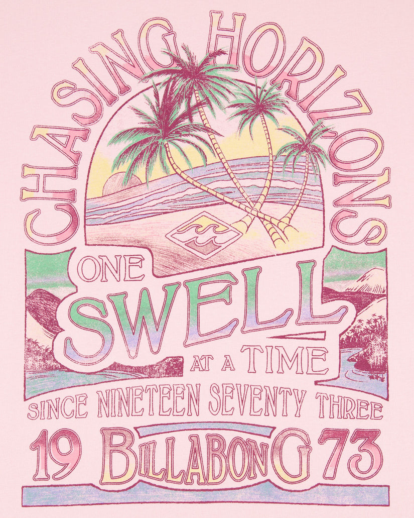 Vintage-style graphic with palm trees and text 'Chasing Horizons One Swell at a Time' on a pink background.