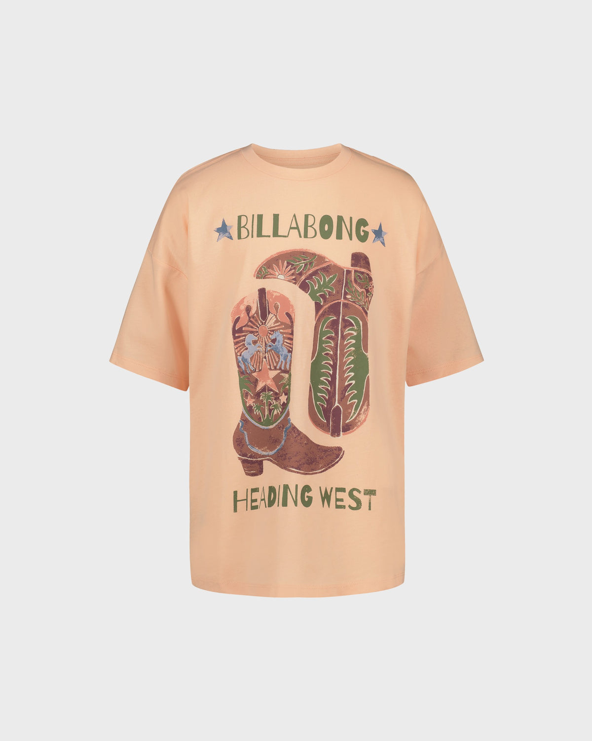 Beige t-shirt with colorful cowboy boot graphic and 'Billabong Heading West' text on a light gray background
