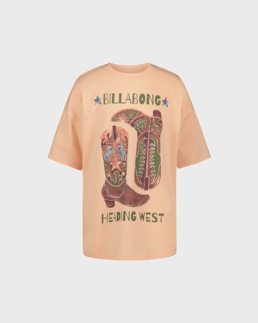 Beige t-shirt with colorful cowboy boot graphic and 'Billabong Heading West' text on a light gray background