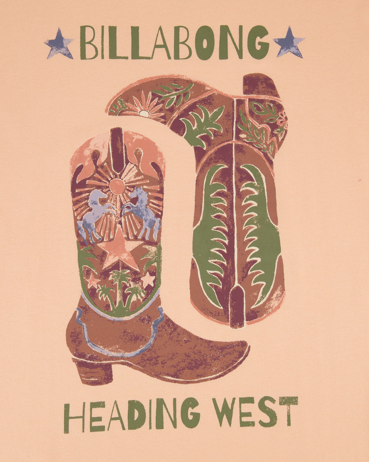 Cowboy boot design with 'Billabong Heading West' text on a beige background