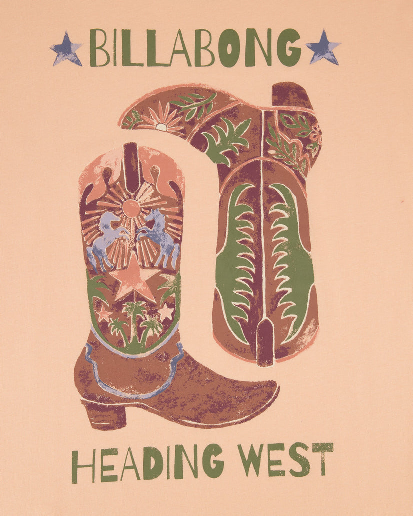 Cowboy boot design with 'Billabong Heading West' text on a beige background