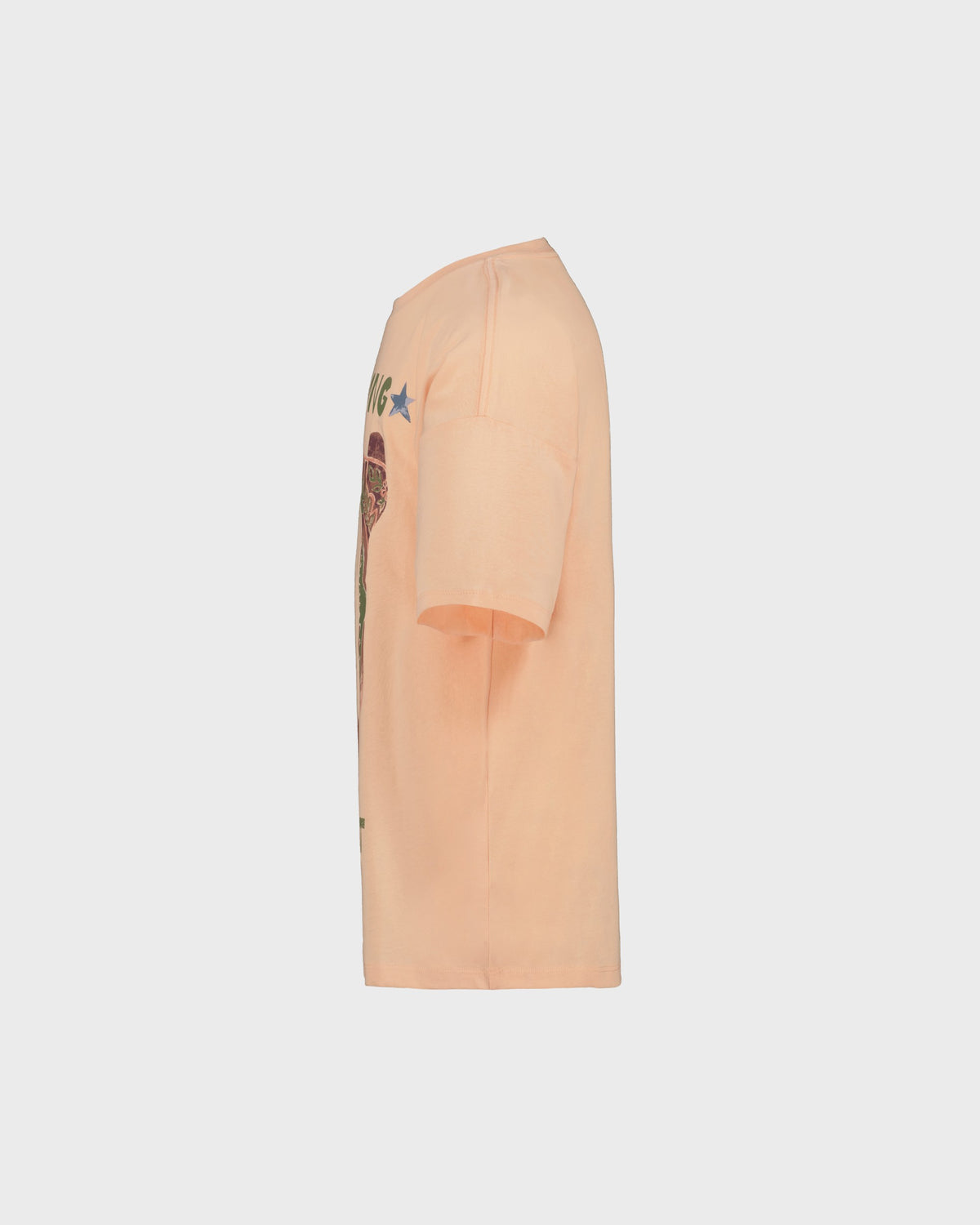 Beige t-shirt with graphic design on a light gray background