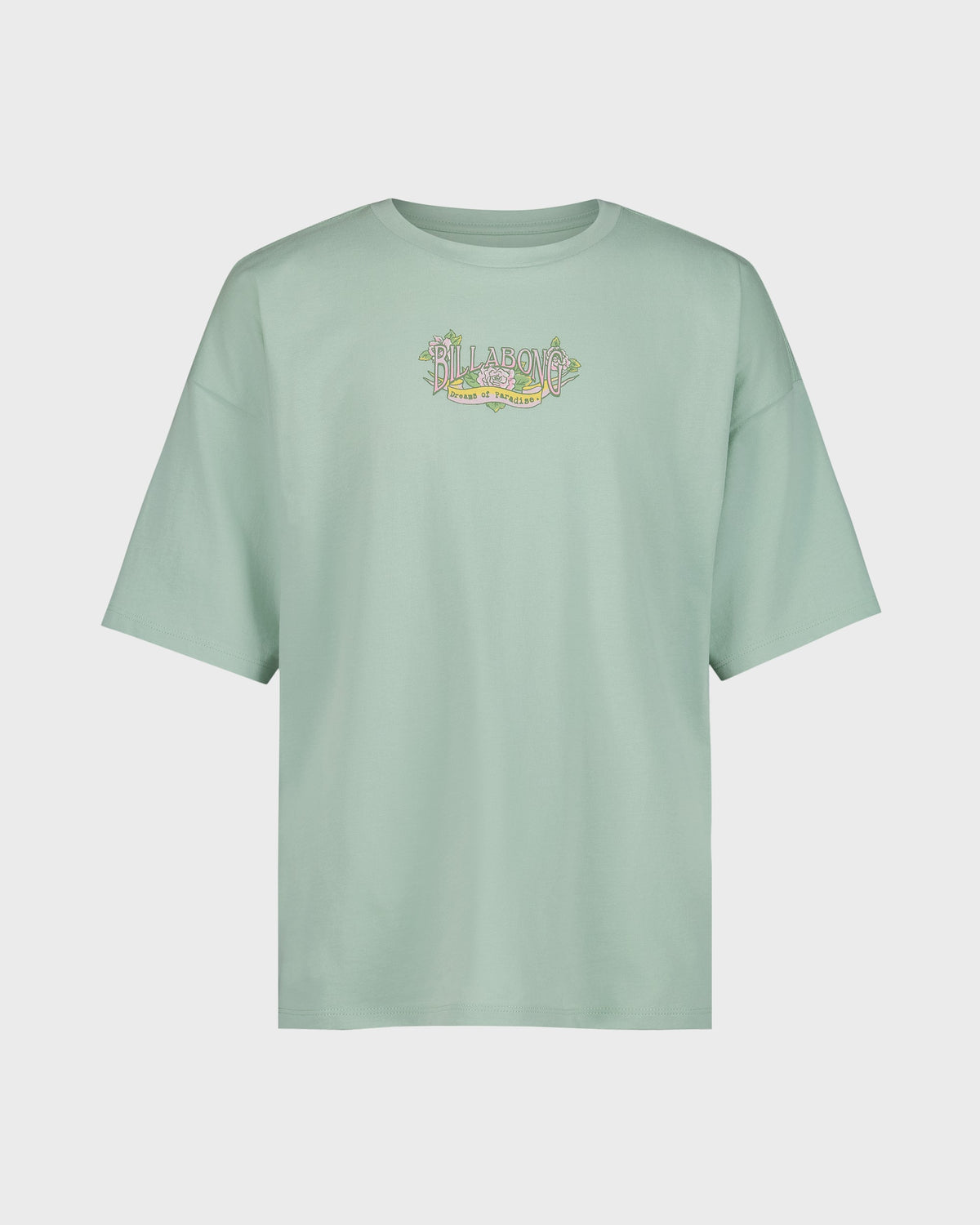 Light green t-shirt with a small logo on a white background