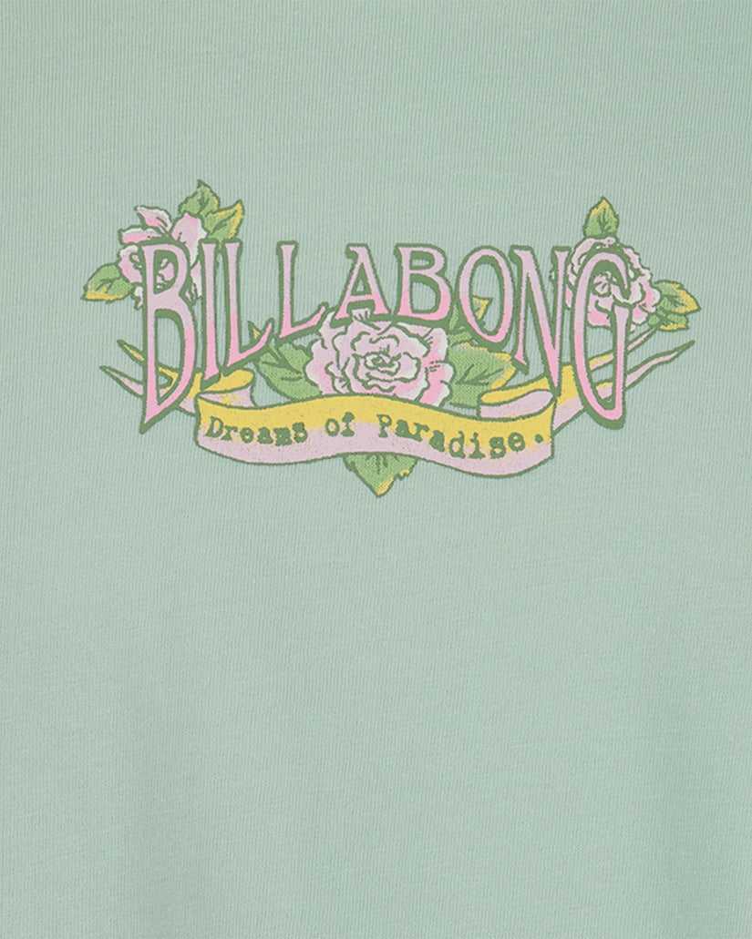 Billabong logo with floral elements on a light green background