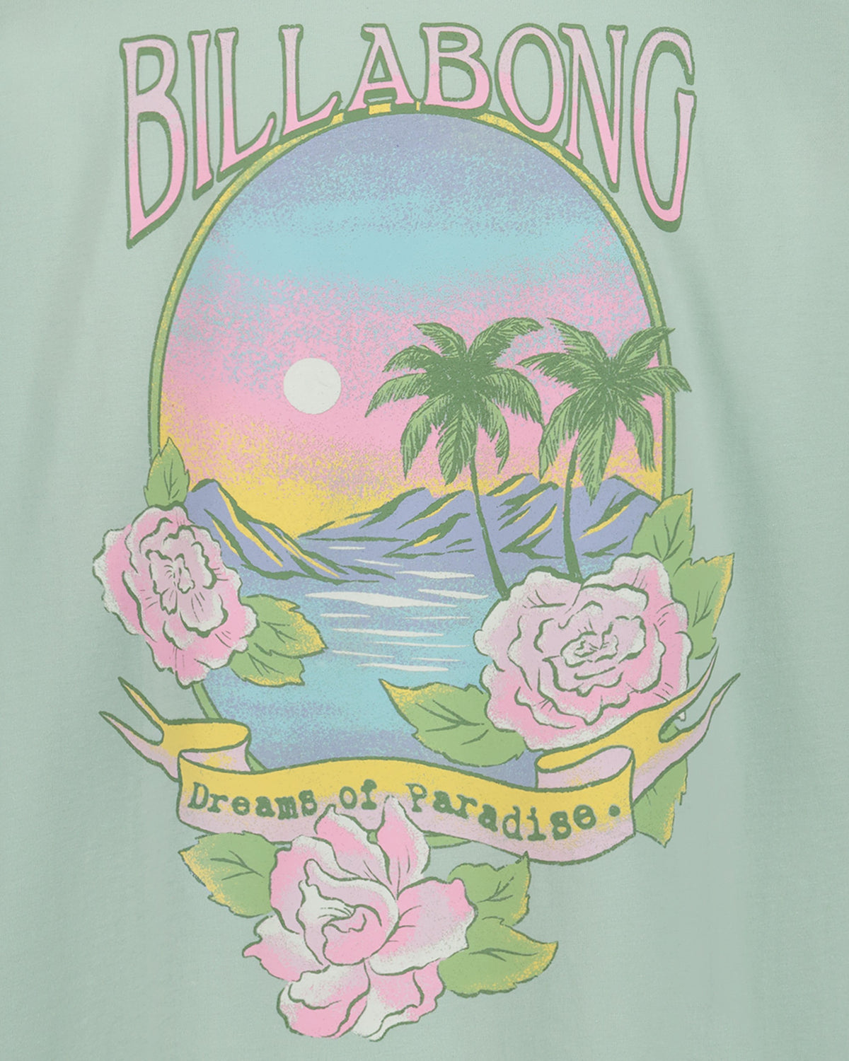 Billabong logo with a tropical design featuring palm trees and flowers on a light green background.