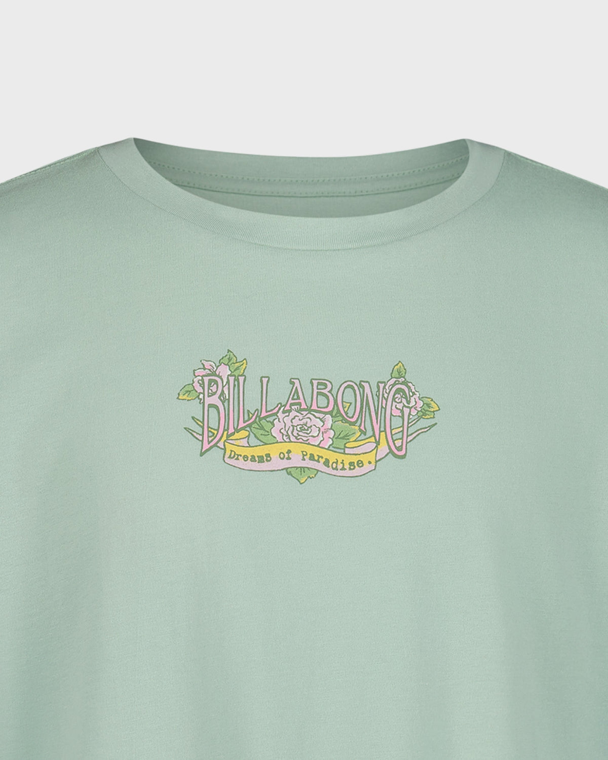 Light green t-shirt with Billabong logo and text on a white background