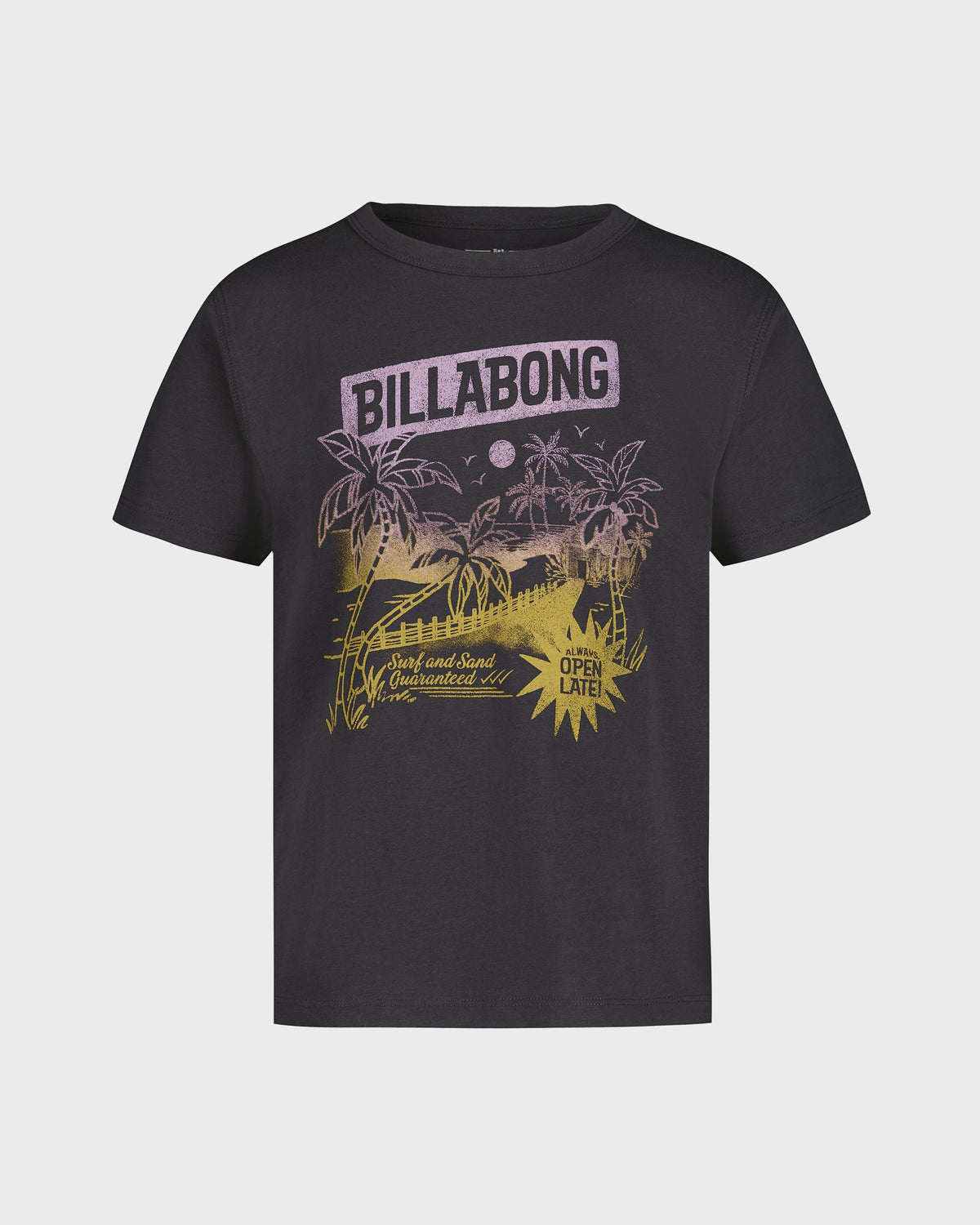 Black t-shirt with Billabong logo and palm tree design on a white background