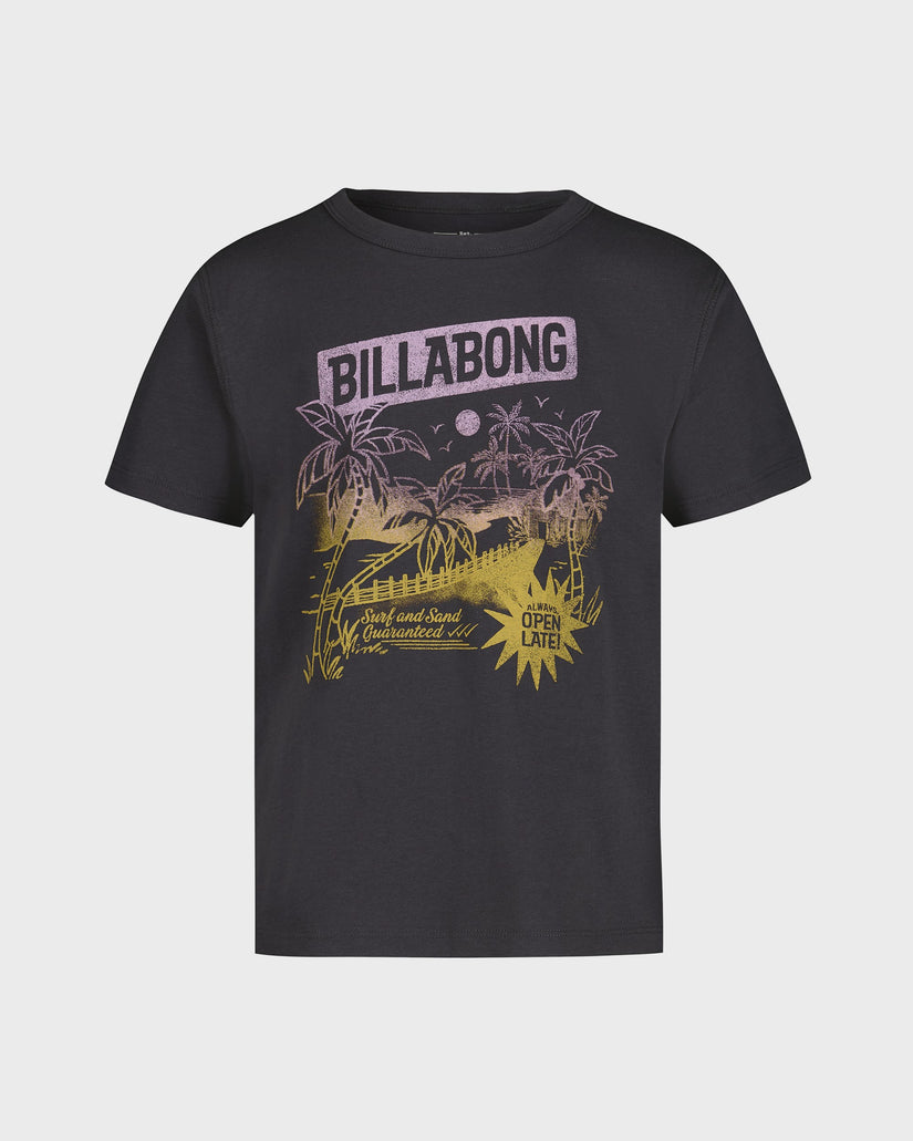 Black t-shirt with Billabong logo and palm tree design on a white background