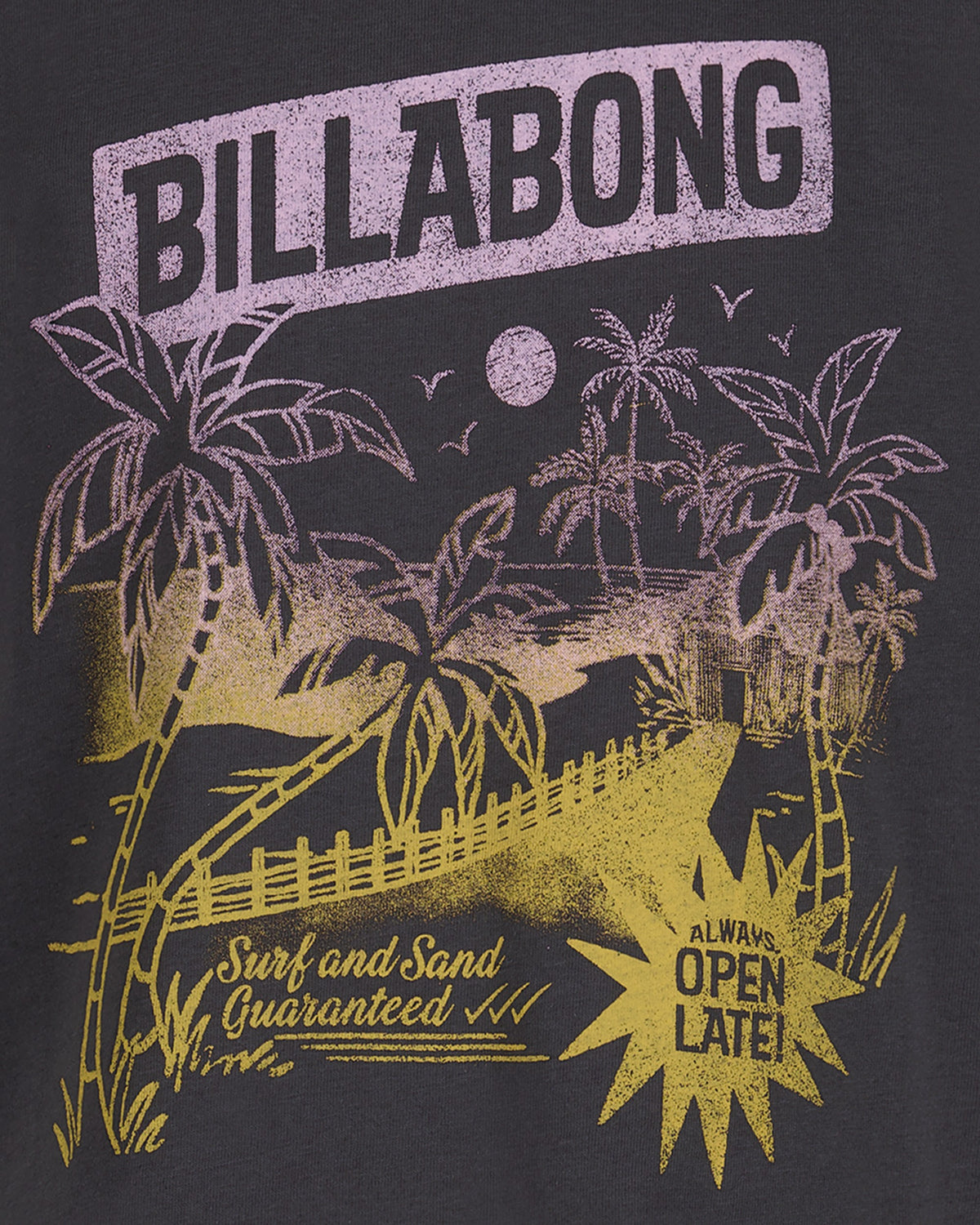 Billabong t-shirt with palm tree design and text on a black background