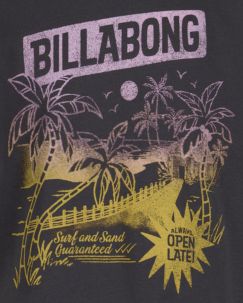 Billabong t-shirt with palm tree design and text on a black background