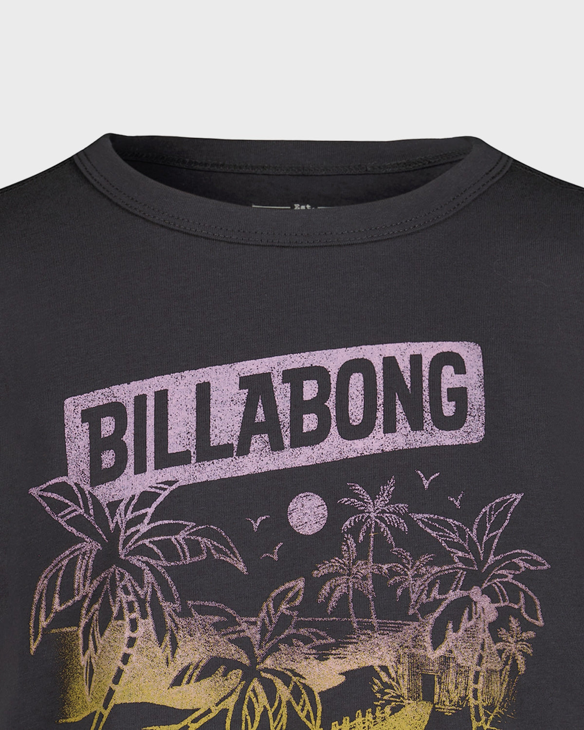 Black t-shirt with Billabong logo and palm tree design on a light gray background