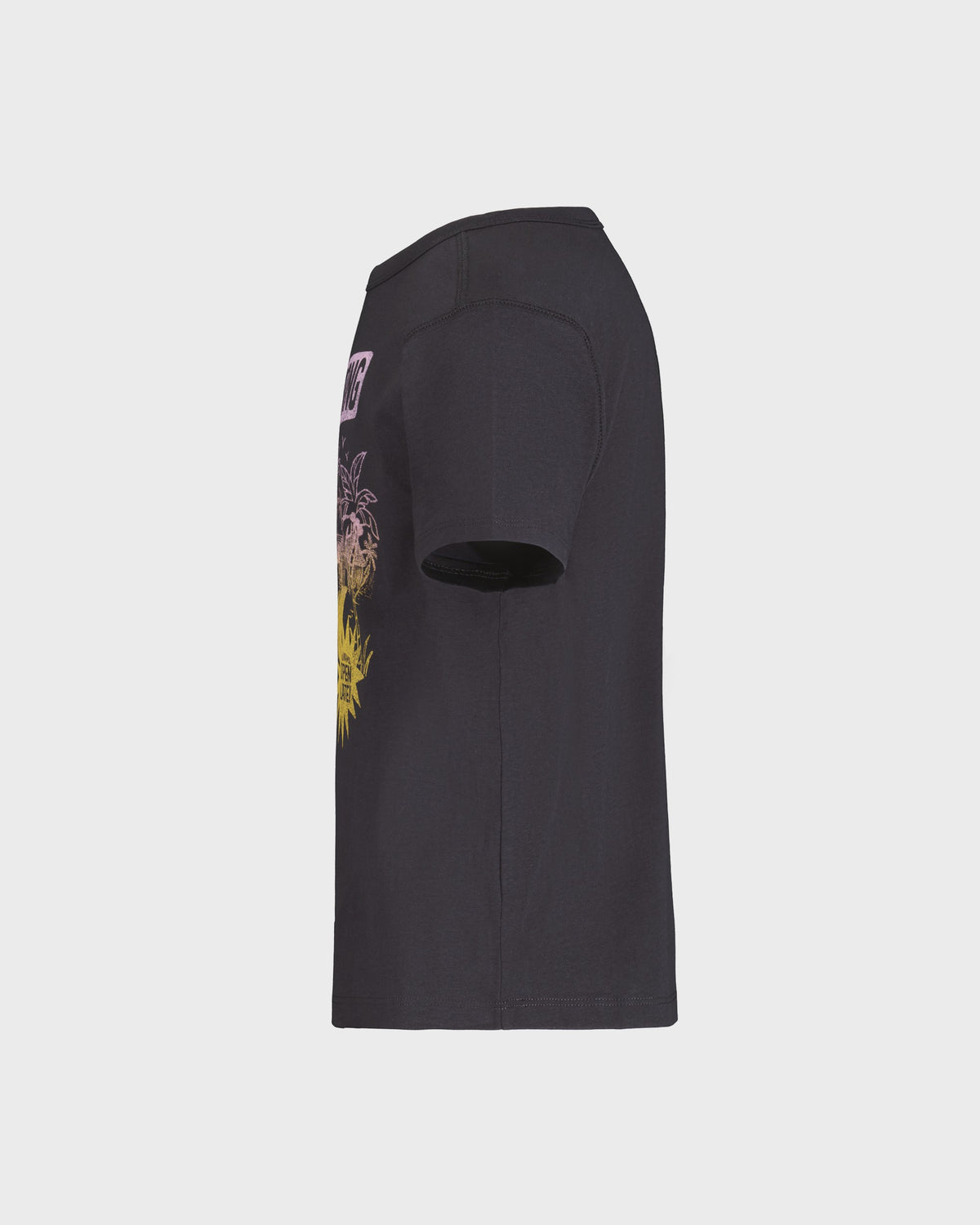 Black t-shirt with floral design on sleeve against a light gray background