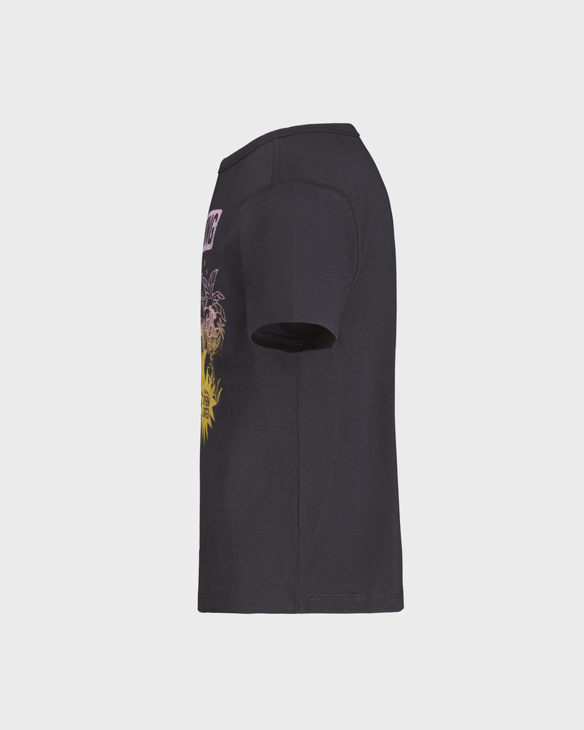 Black t-shirt with floral design on sleeve against a light gray background