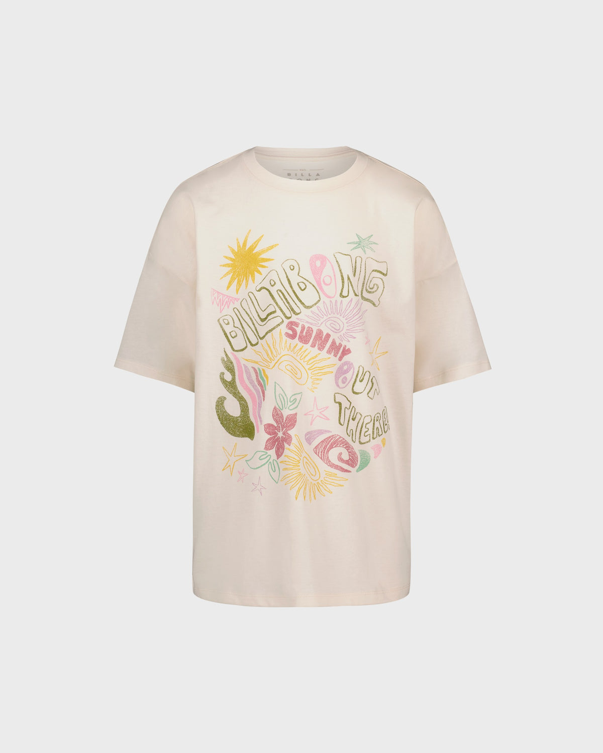 Beige t-shirt with colorful graphic design on a white background