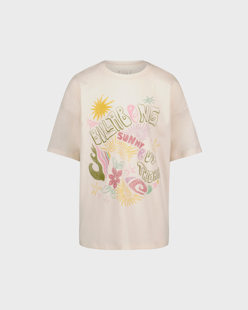 Beige t-shirt with colorful graphic design on a white background