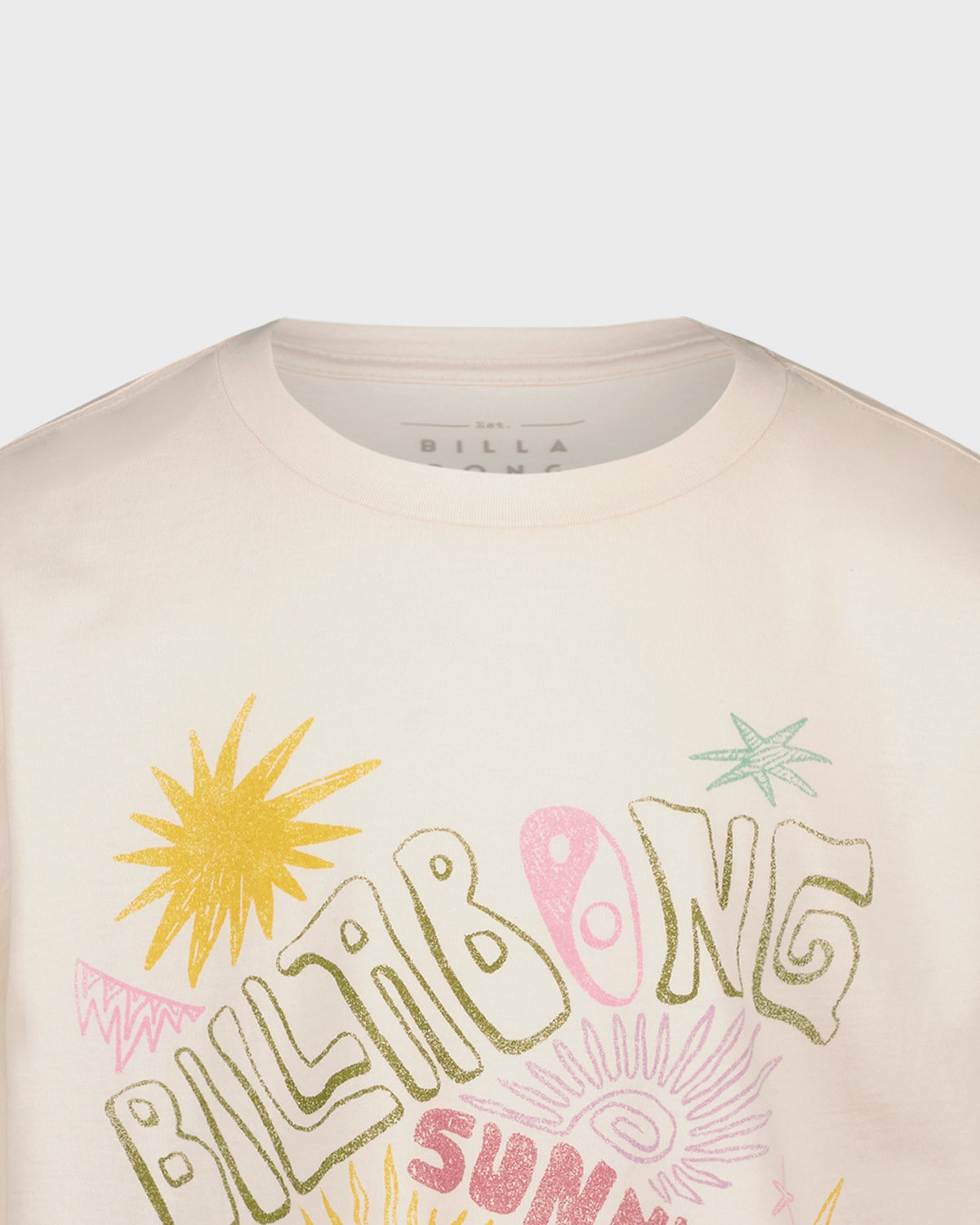 Beige t-shirt with colorful graphics and 'Billabong' branding on a white background