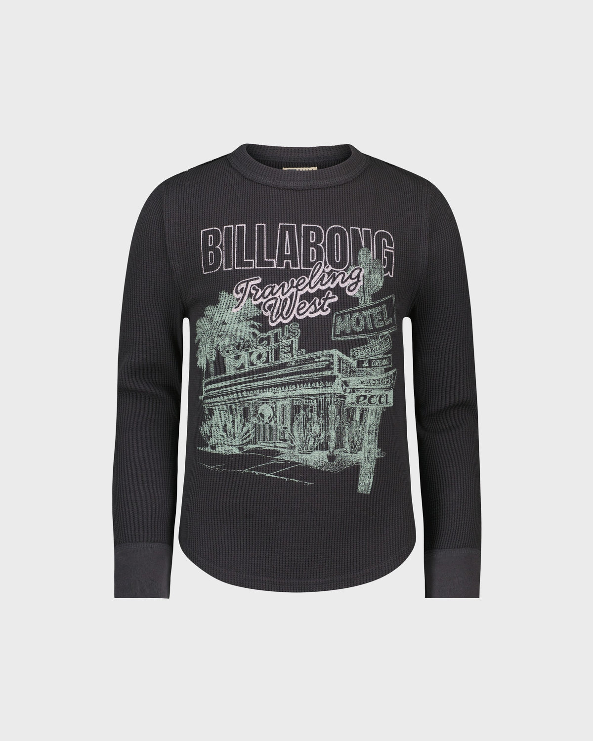 Black long-sleeve shirt with graphic design on a light gray background