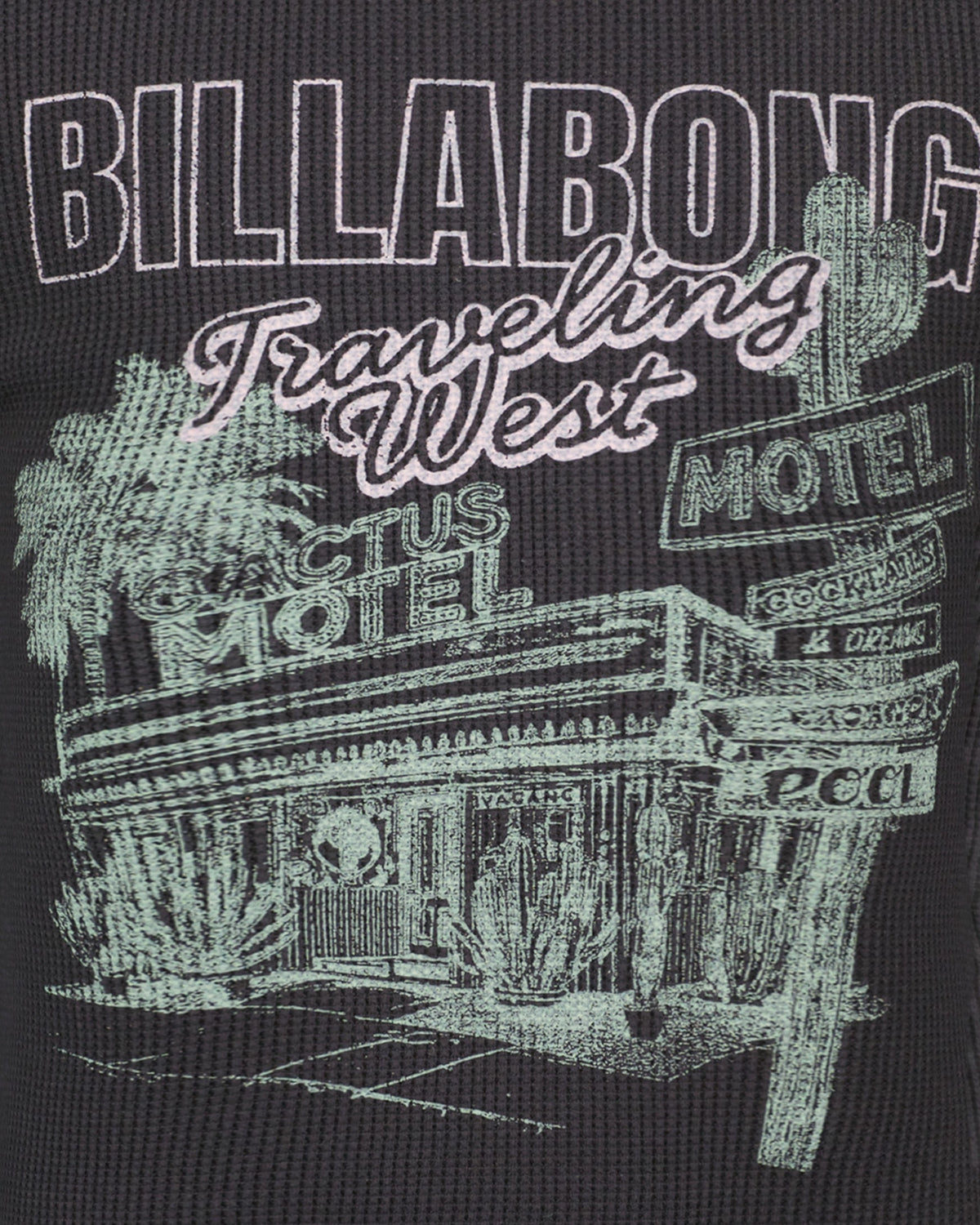Billabong logo with a desert motel illustration on a black background