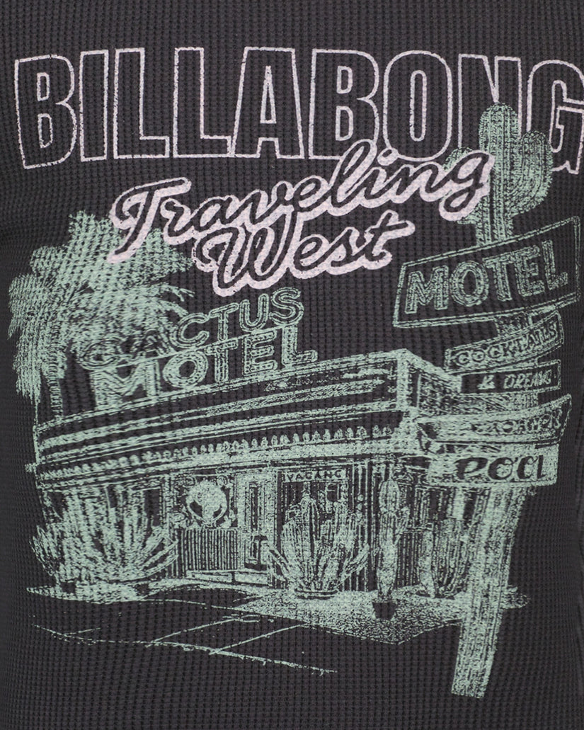 Billabong logo with a desert motel illustration on a black background