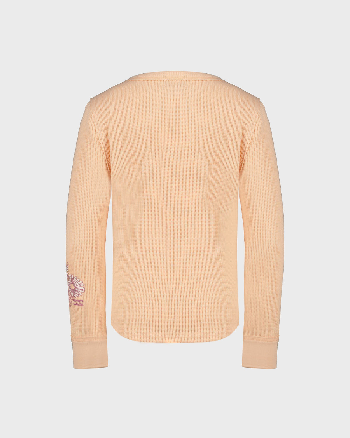 Beige ribbed sweater with a small logo on the sleeve against a light gray background