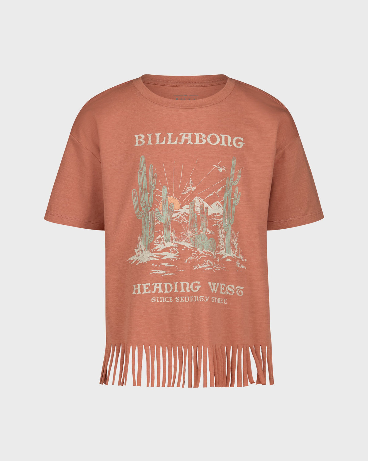 Brown t-shirt with fringes and Billabong logo on a white background