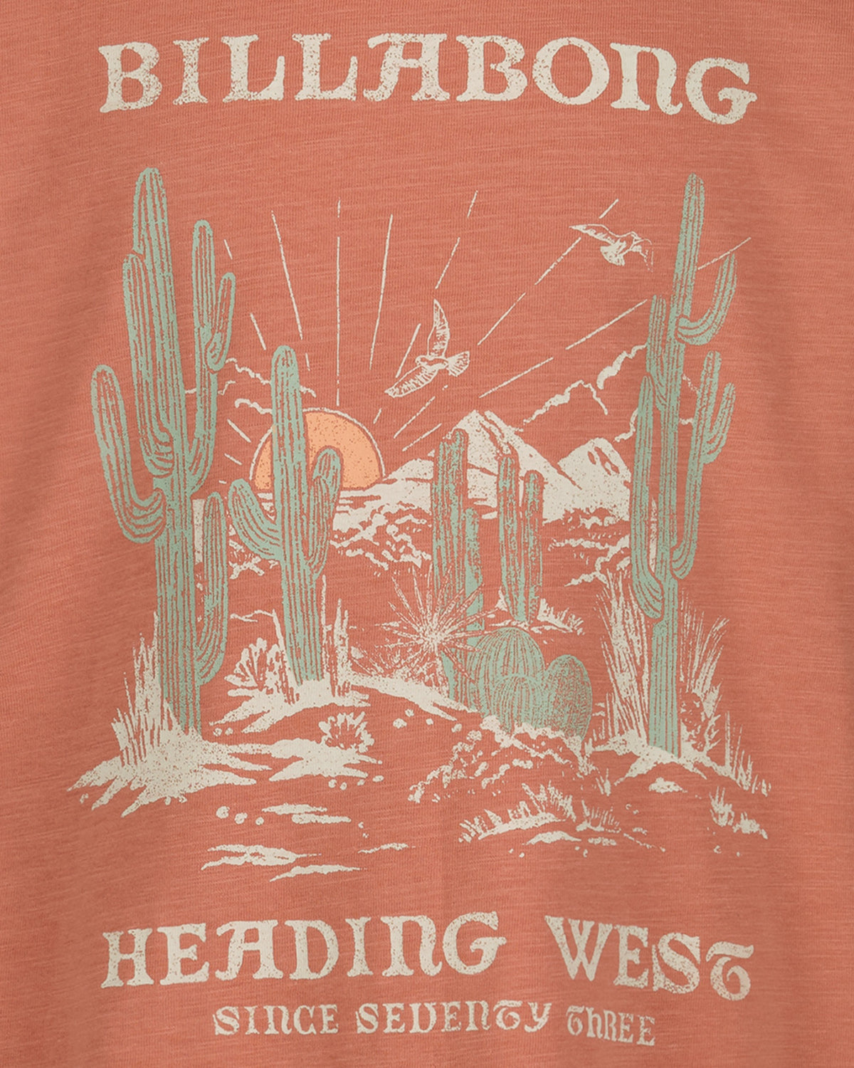 T-shirt with desert scene and cacti design on a red background, featuring the Billabong brand.