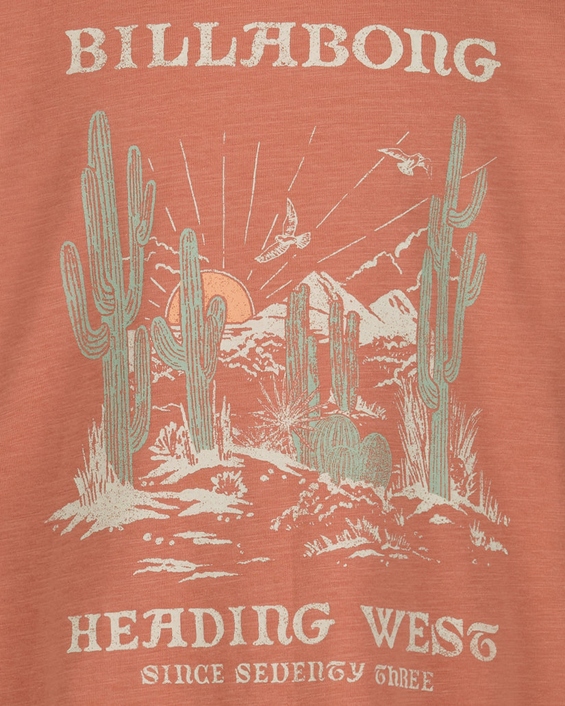 T-shirt with desert scene and cacti design on a red background, featuring the Billabong brand.