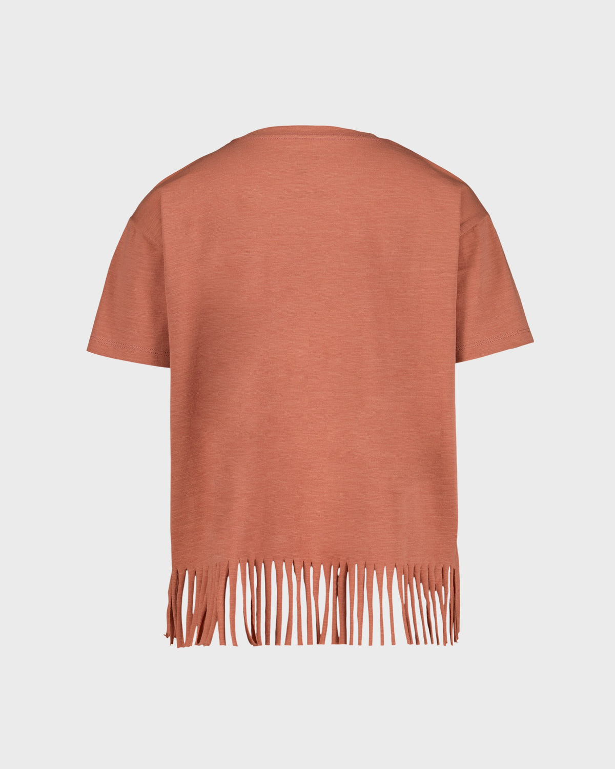 Brown fringed top on a light gray background