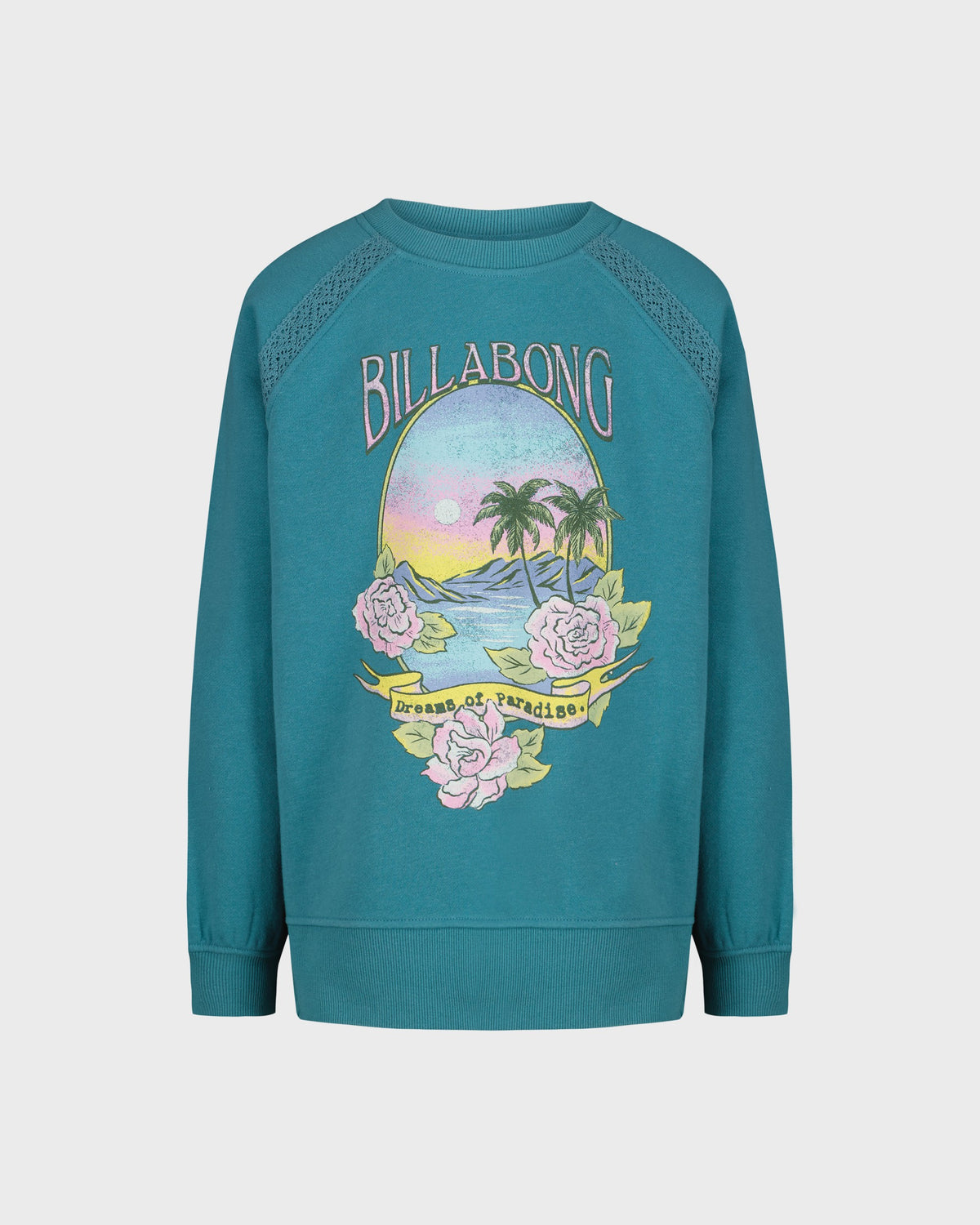 Teal sweatshirt with Billabong logo and tropical design on a light gray background