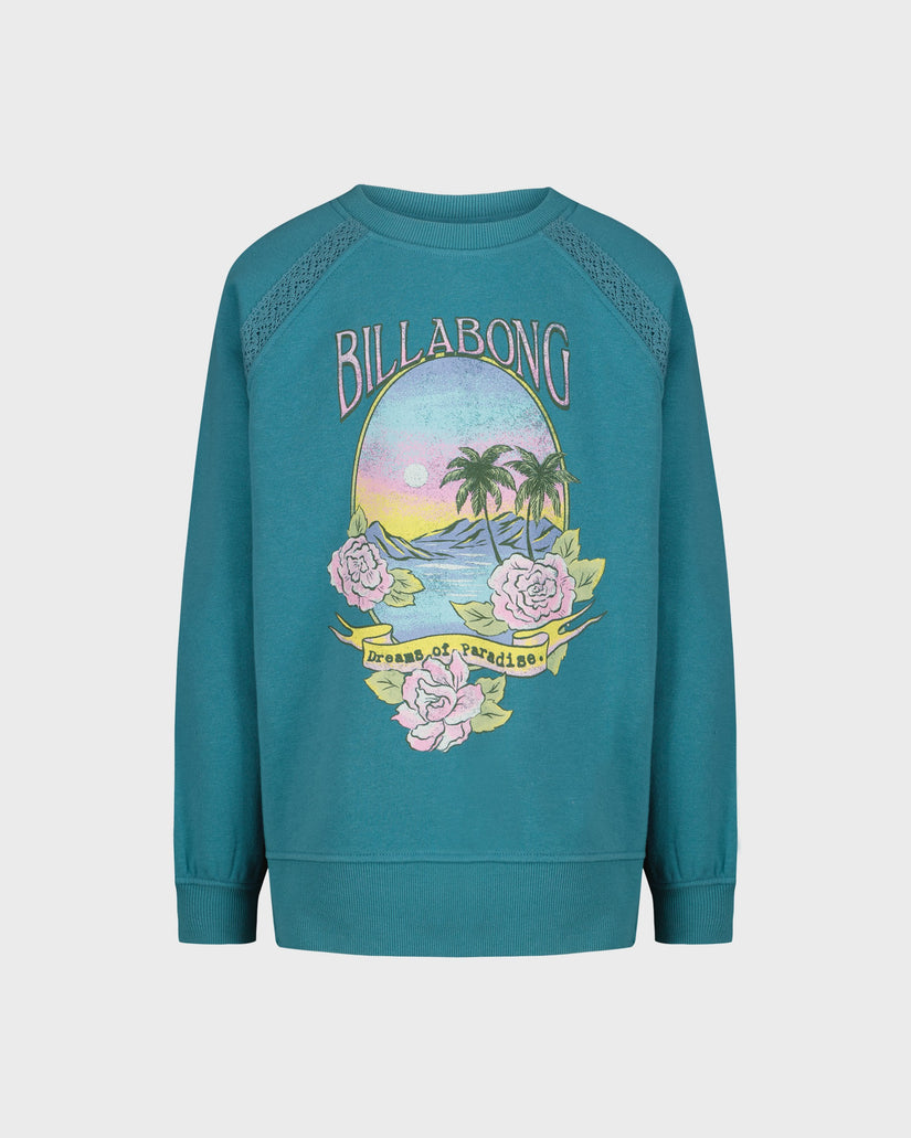 Teal sweatshirt with Billabong logo and tropical design on a light gray background
