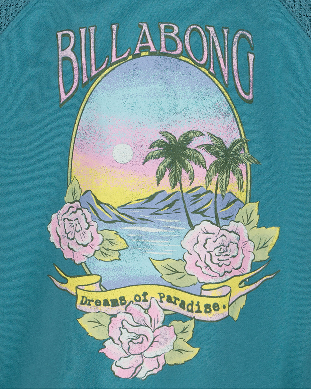 Billabong logo with a scenic design featuring palm trees, flowers, and mountains on a teal background.