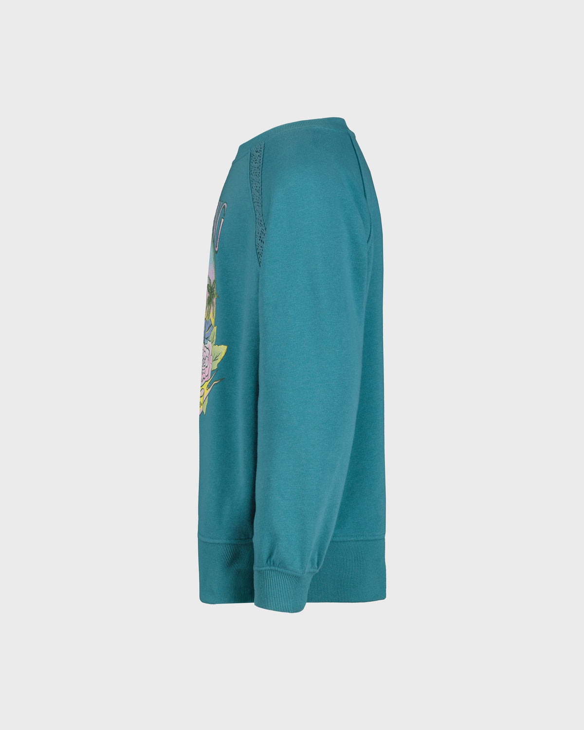 Teal sweatshirt with a colorful graphic on the sleeve against a white background