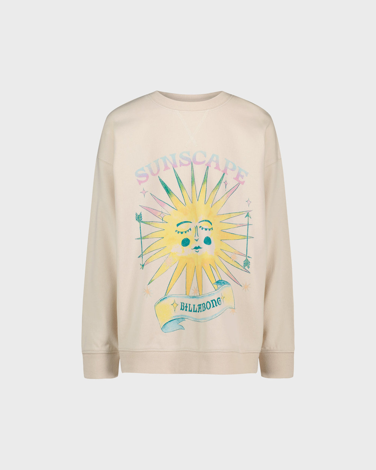 Beige sweatshirt with a colorful sun graphic and 'Billabong' branding on a white background