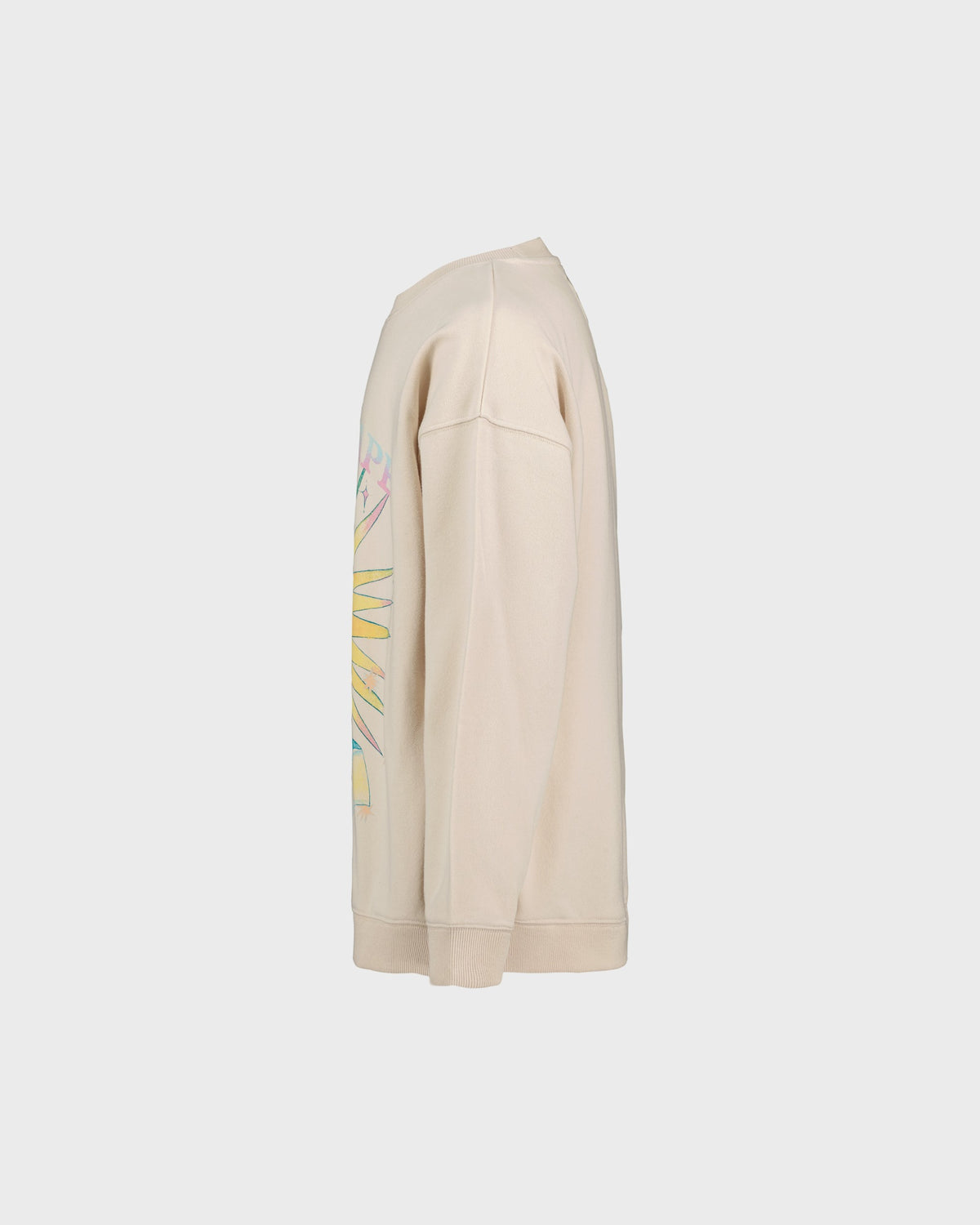 Beige sweatshirt with colorful graphic on a light gray background