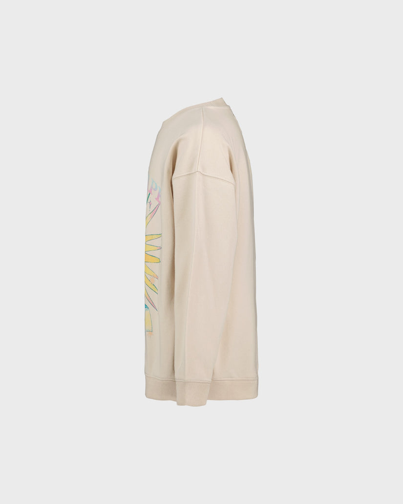 Beige sweatshirt with colorful graphic on a light gray background