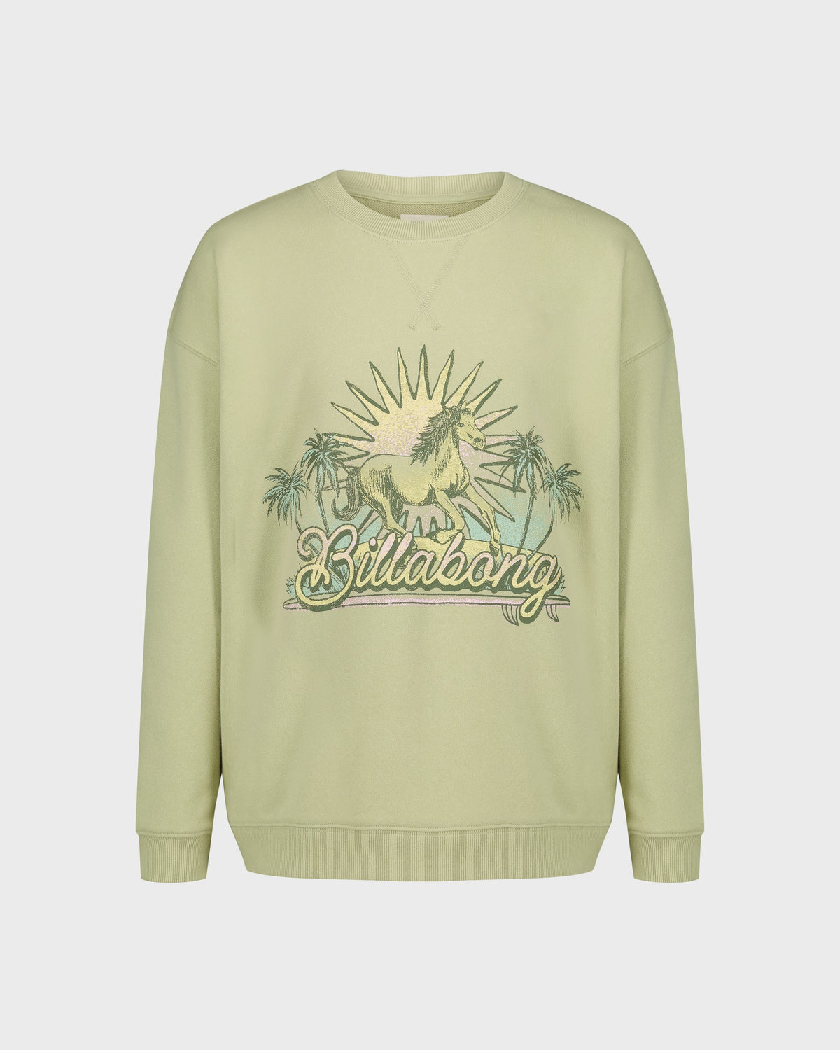 Light green sweatshirt with 'Billabong' logo and palm tree design on a white background